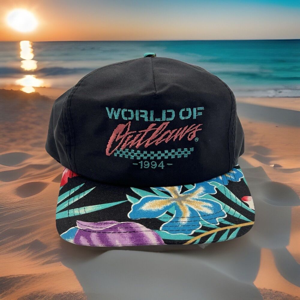 Vintage 1994 World of Outlaws Hat Snapback Racing Tropical Hawaiian Floral Cap